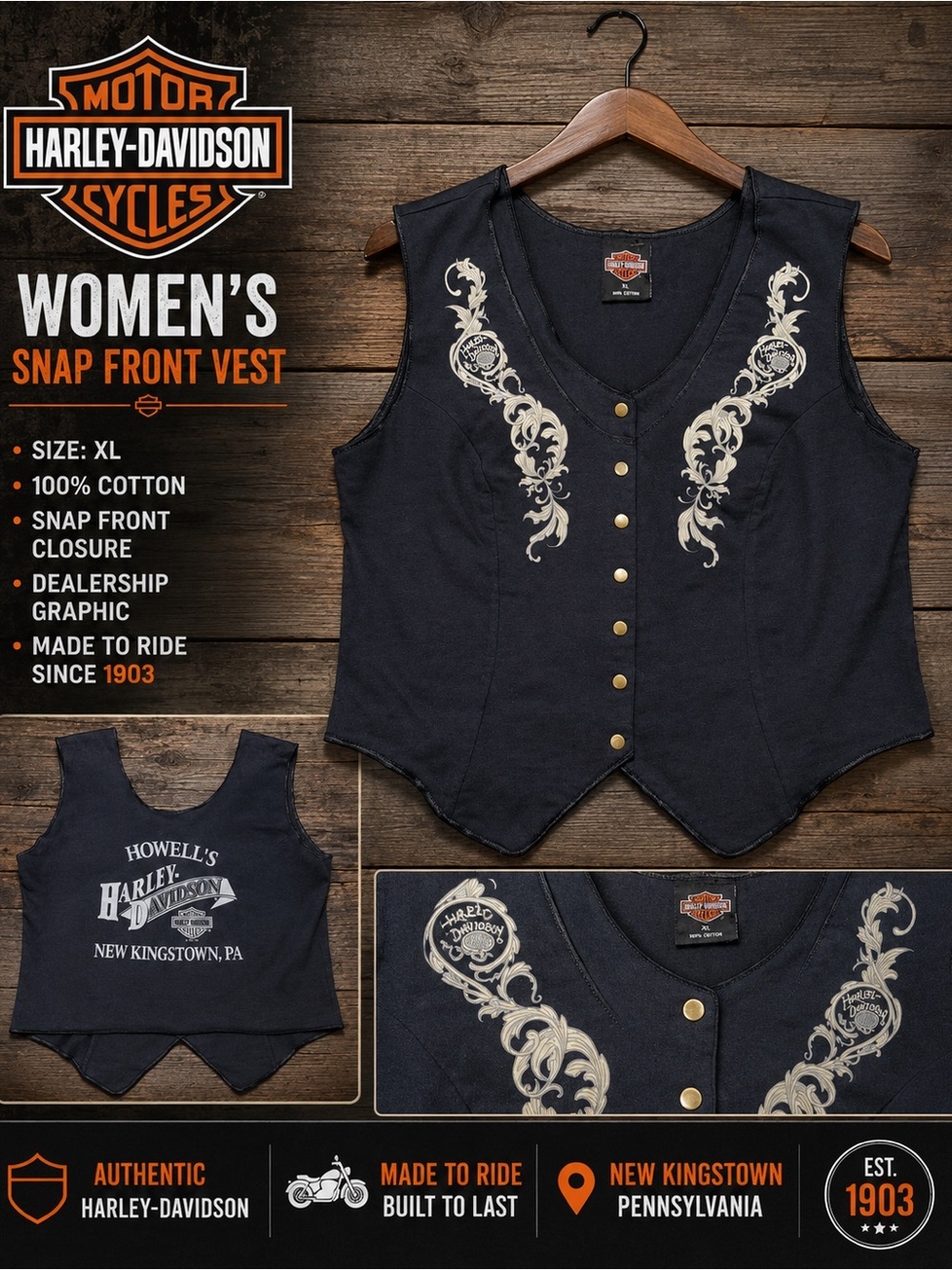 Harley-Davidson Women’s XL Black Snap Front Vest New Kingstown PA